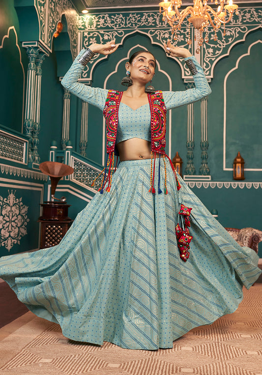 Pista Green Viscose Rayon Koti Style Lehenga For Navratri Style