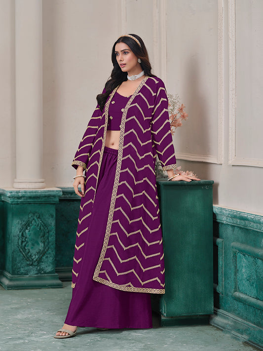 Purple Chinon Embroidered Zari Readymade Salwar Kameez