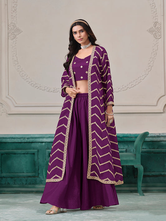 Purple Chinon Embroidered Zari Readymade Salwar Kameez