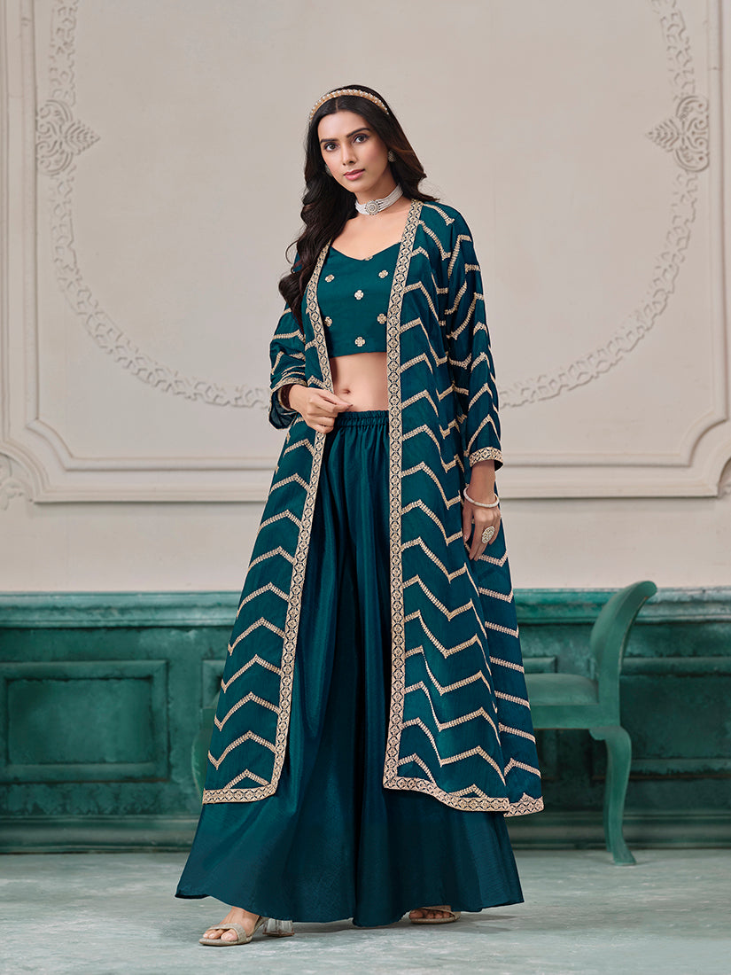 Teal Chinon Embroidered Zari Readymade Salwar Kameez