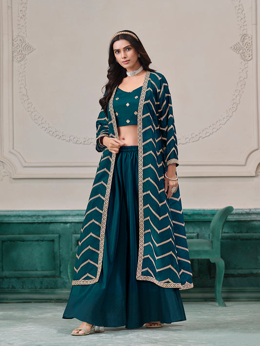 Teal Chinon Embroidered Zari Readymade Salwar Kameez