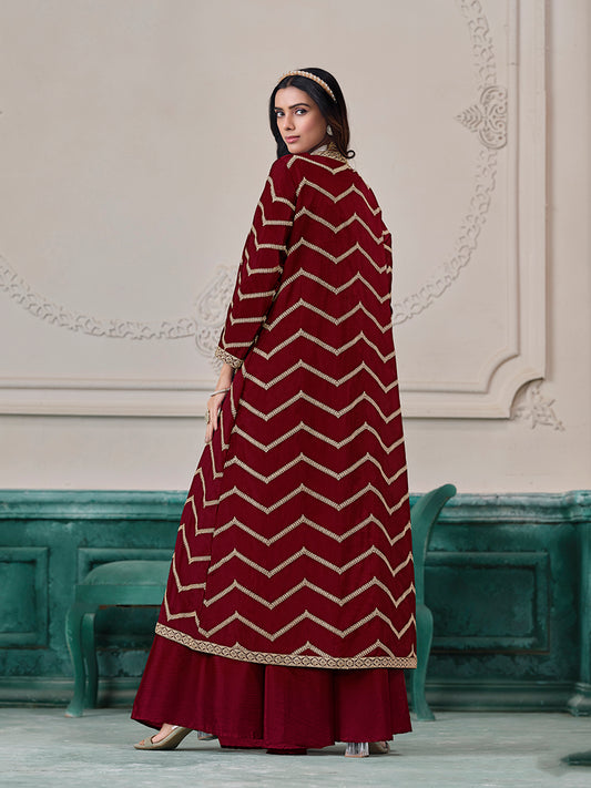 Maroon Chinon Embroidered Zari Readymade Salwar Kameez