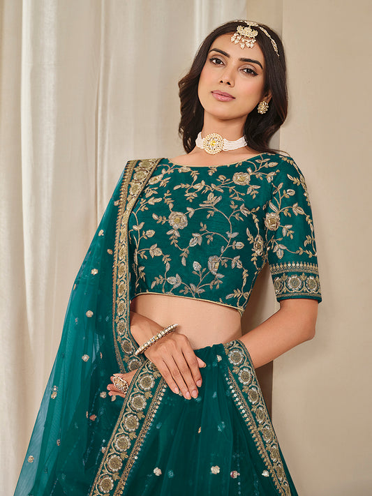 Teal Embroidered Art Silk Ceremonial Lehenga Choli