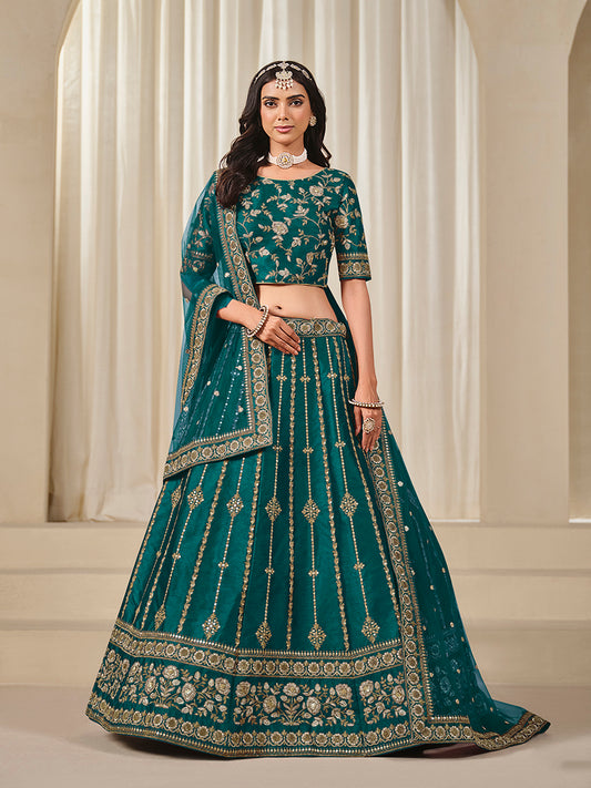 Teal Embroidered Art Silk Ceremonial Lehenga Choli
