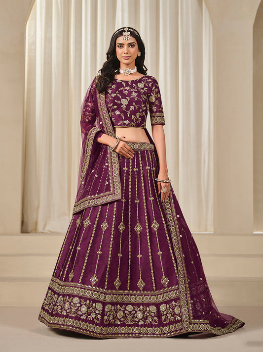 Purple Embroidered Art Silk Ceremonial Lehenga Choli