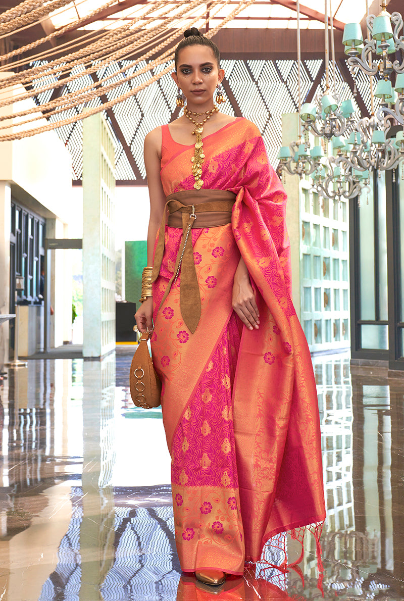 Peach and Pink Weaving Handloom silk Blend Trendy Saree
