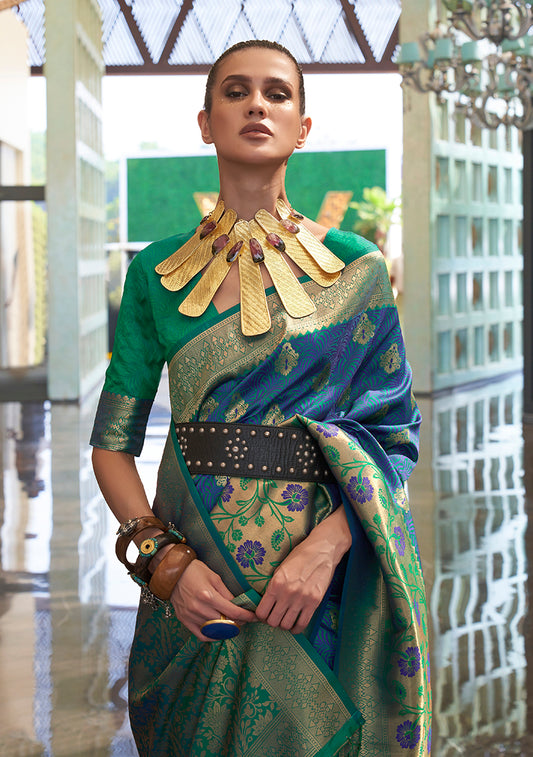 Blue and Green Weaving Handloom silk Blend Trendy Saree