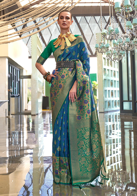 Blue and Green Weaving Handloom silk Blend Trendy Saree