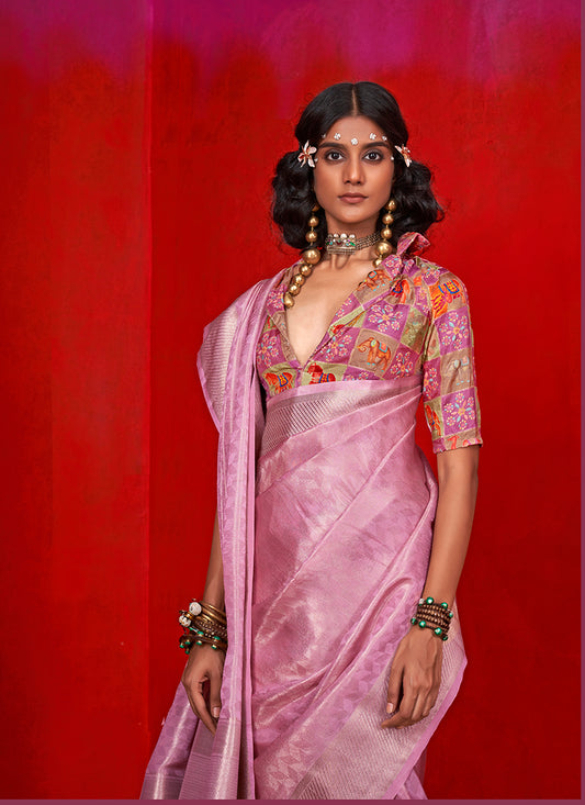 Pink Viscose Zari Weaving Border Traditional Saree