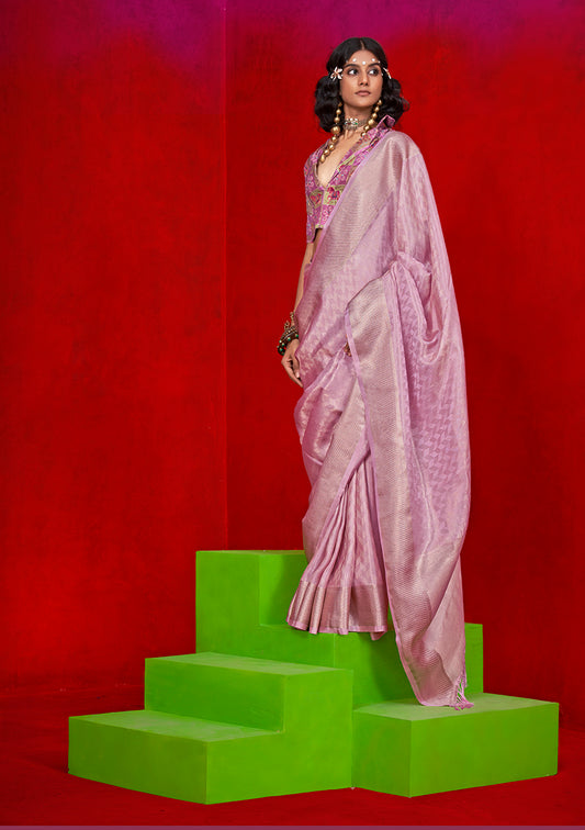 Pink Viscose Zari Weaving Border Traditional Saree