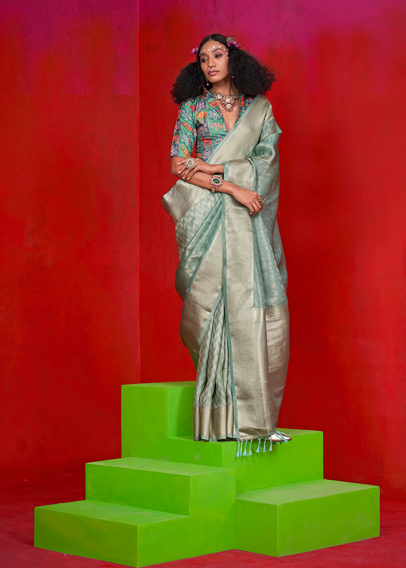 Aqua blue Viscose Zari Weaving Border Traditional Saree