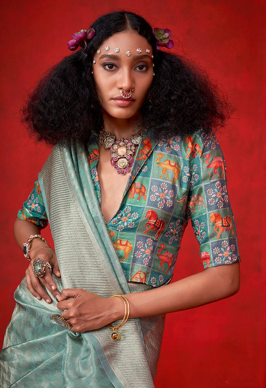 Aqua blue Viscose Zari Weaving Border Traditional Saree