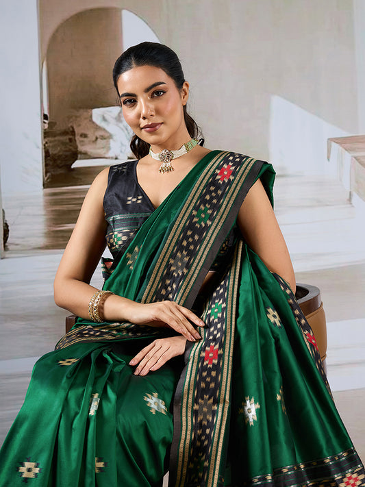 Dark Green Weaving Handloom Silk Blend Designer Saree