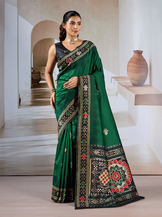 Dark Green Weaving Handloom Silk Blend Designer Saree