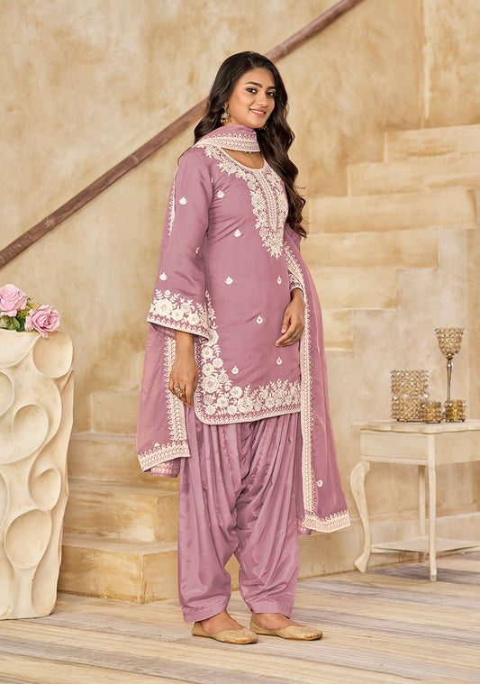 Embroidered Roman Silk Patiala Salwar Kameez in Onion Pink