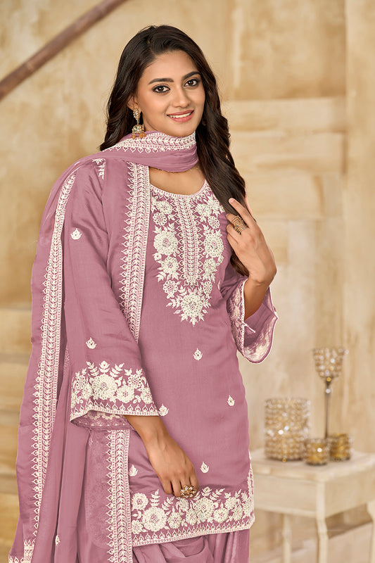 Embroidered Roman Silk Patiala Salwar Kameez in Onion Pink