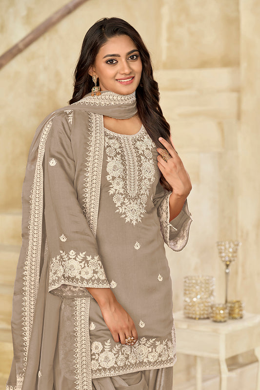 Embroidered Roman Silk Patiala Salwar Kameez in Grey
