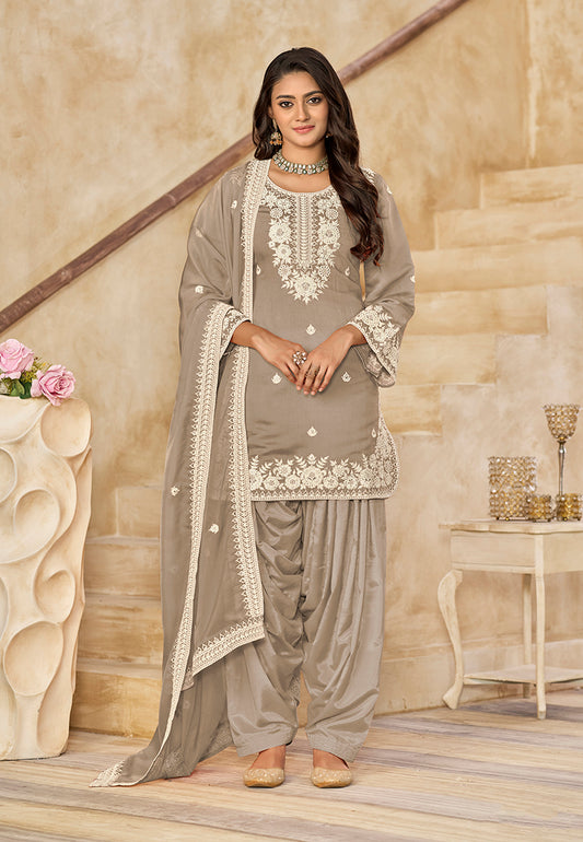 Embroidered Roman Silk Patiala Salwar Kameez in Grey