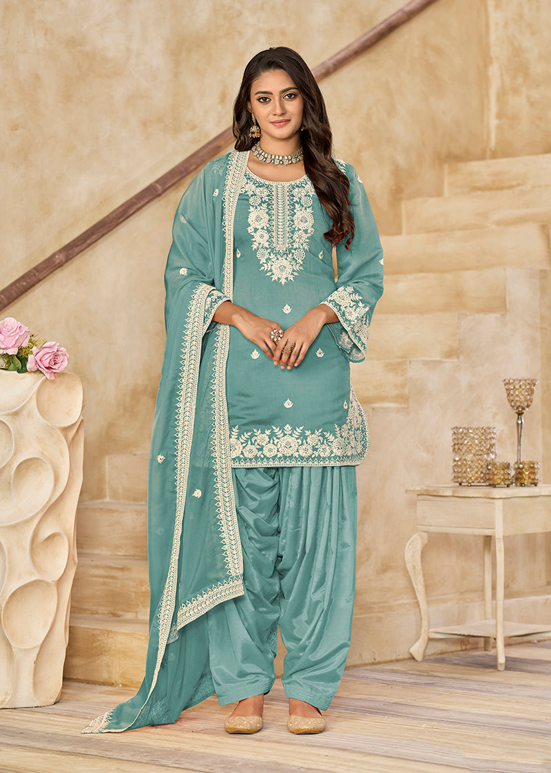 Embroidered  Roman Silk Patiala Salwar Kameez in Turquoise