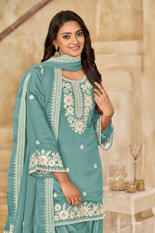 Embroidered  Roman Silk Patiala Salwar Kameez in Turquoise