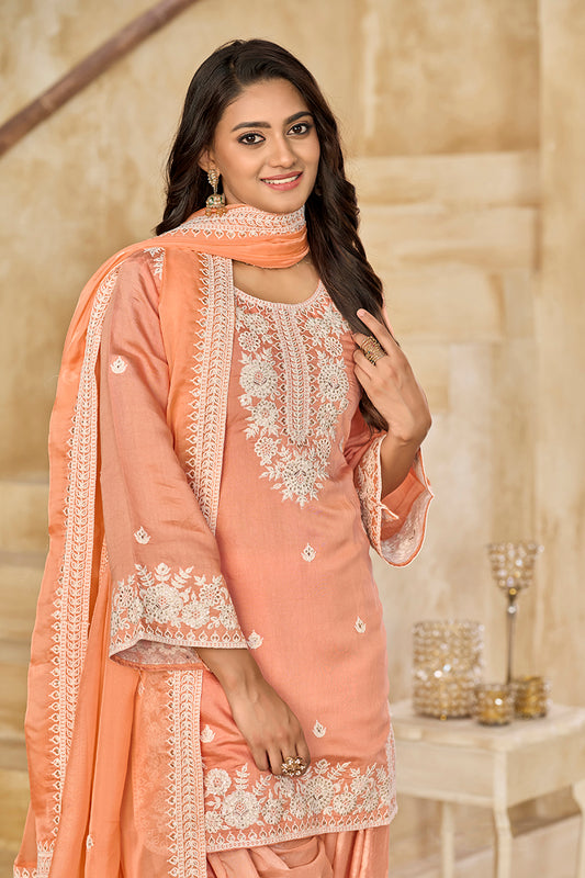 Embroidered Roman Silk Patiala Salwar Kameez in Peach