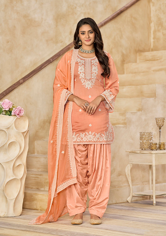 Embroidered Roman Silk Patiala Salwar Kameez in Peach