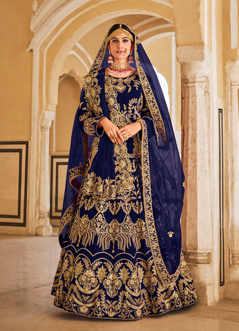 Navy Blue Velvet Embroidered Wedding Designer Lehenga Choli
