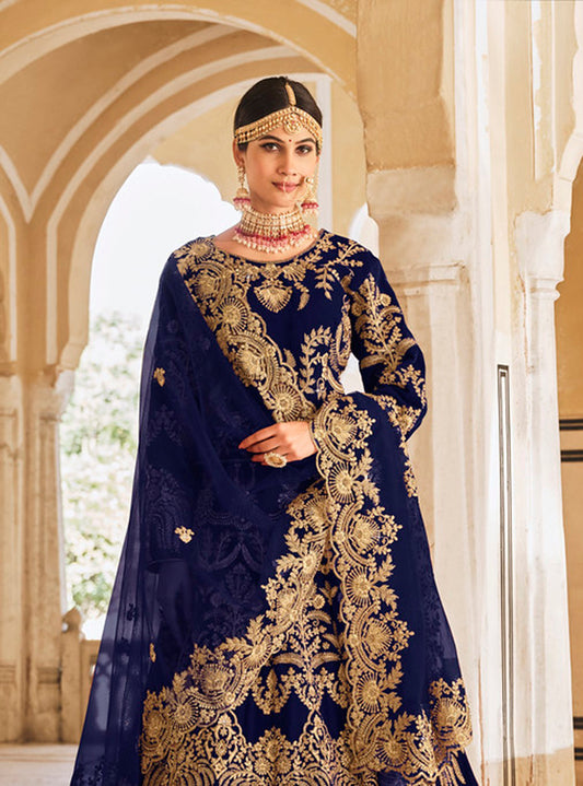 Navy Blue Velvet Embroidered Wedding Designer Lehenga Choli