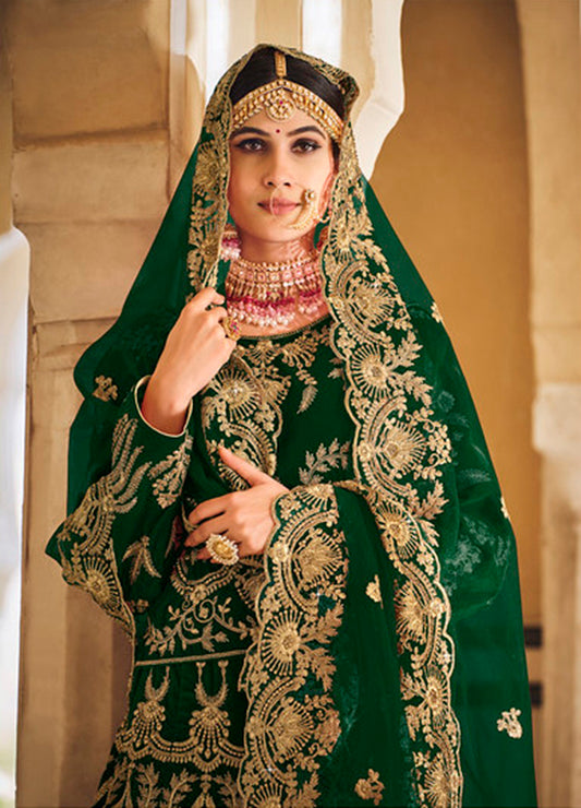 Green Velvet Embroidered Wedding Designer Lehenga Choli