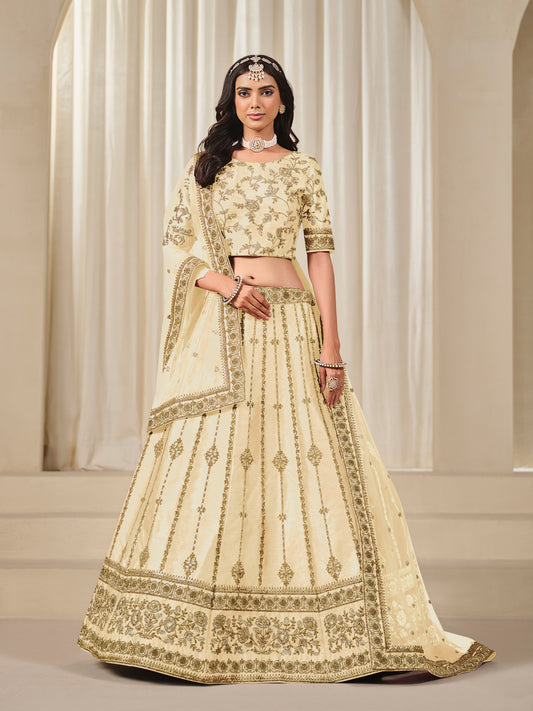 Embroidered Cream Reception Art Silk A Line Lehenga Choli