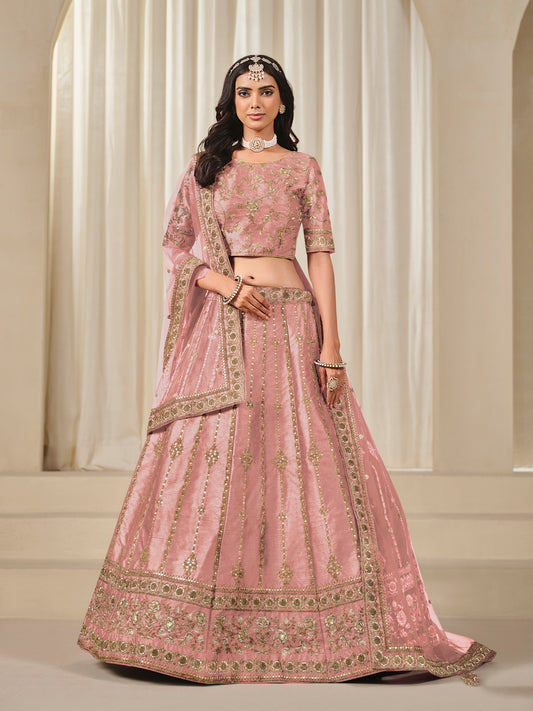 Embroidered Pink Reception Art Silk A Line Lehenga Choli