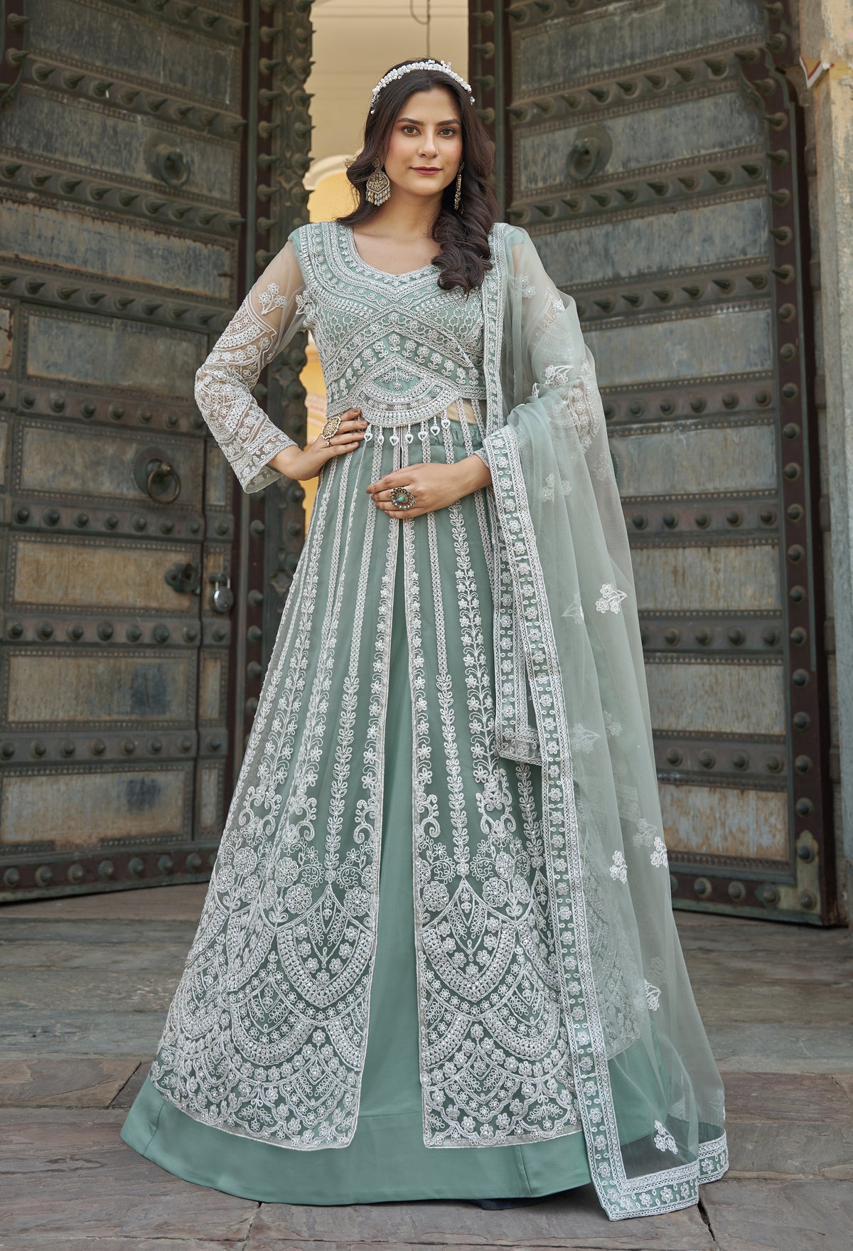 Embroidered Sea Green Net Reception Designer Salwar Suit