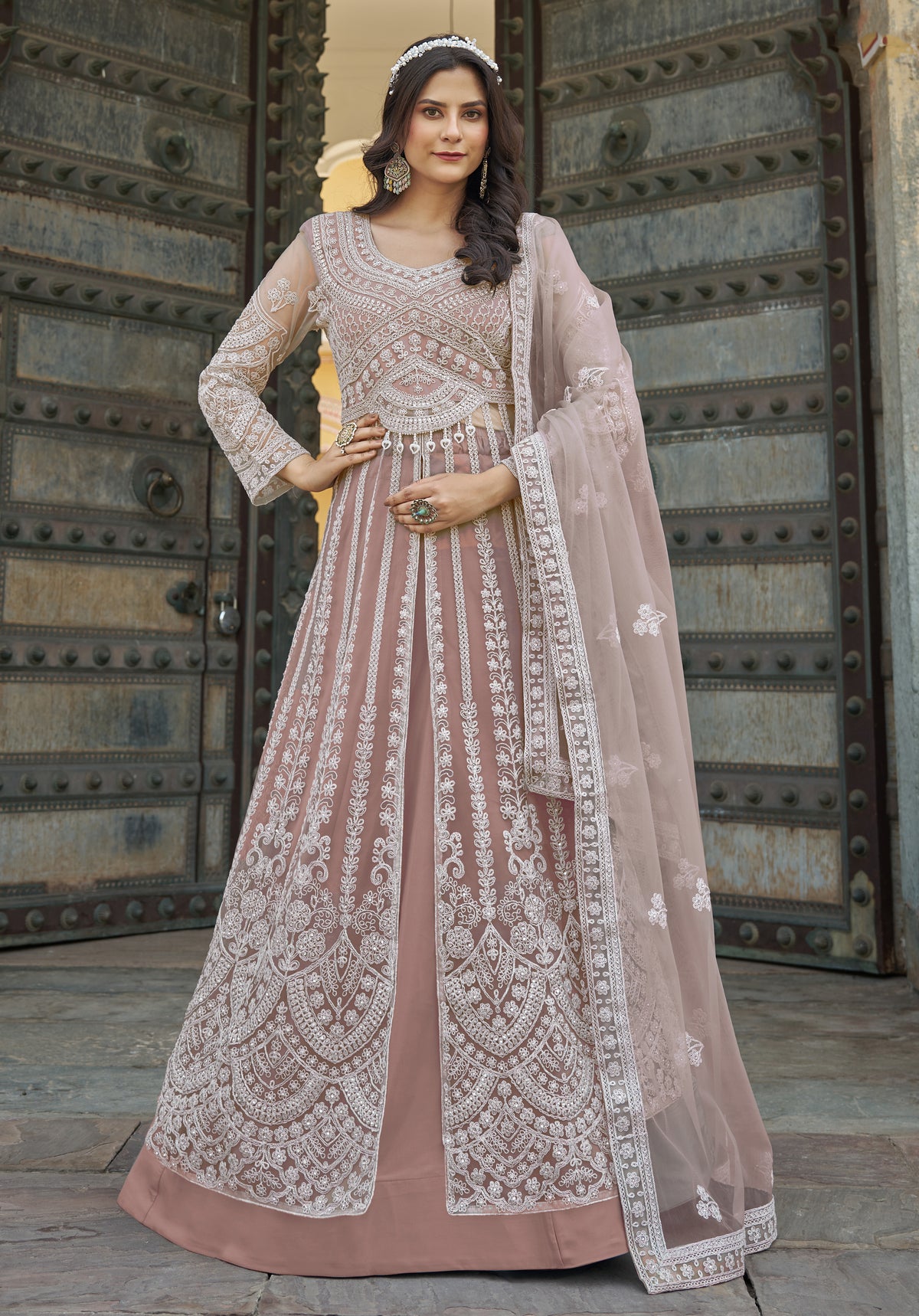 Embroidered Peach Net Reception Designer Salwar Suit