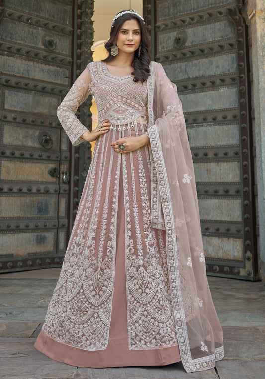 Embroidered Peach Net Reception Designer Salwar Suit