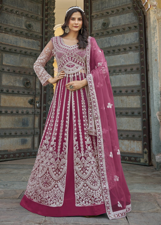 Embroidered Rani Pink Net Reception Designer Salwar Suit
