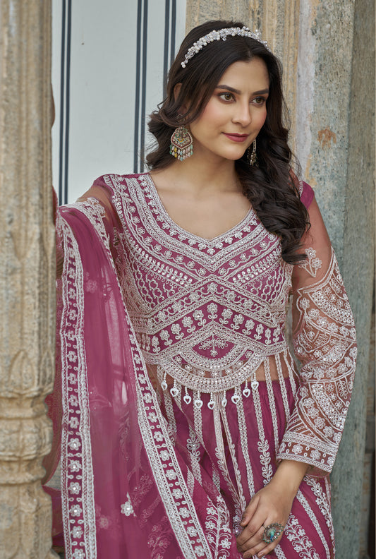 Embroidered Rani Pink Net Reception Designer Salwar Suit