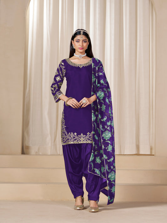 Purple Embroidered Chanderi Silk Designer Patiala Salwar Suit