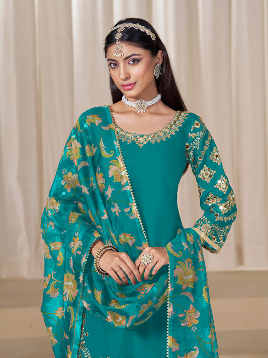Turquoise Embroidered Chanderi Silk Designer Patiala Salwar Suit