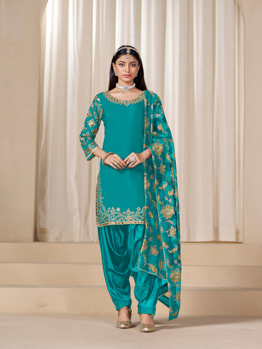 Turquoise Embroidered Chanderi Silk Designer Patiala Salwar Suit