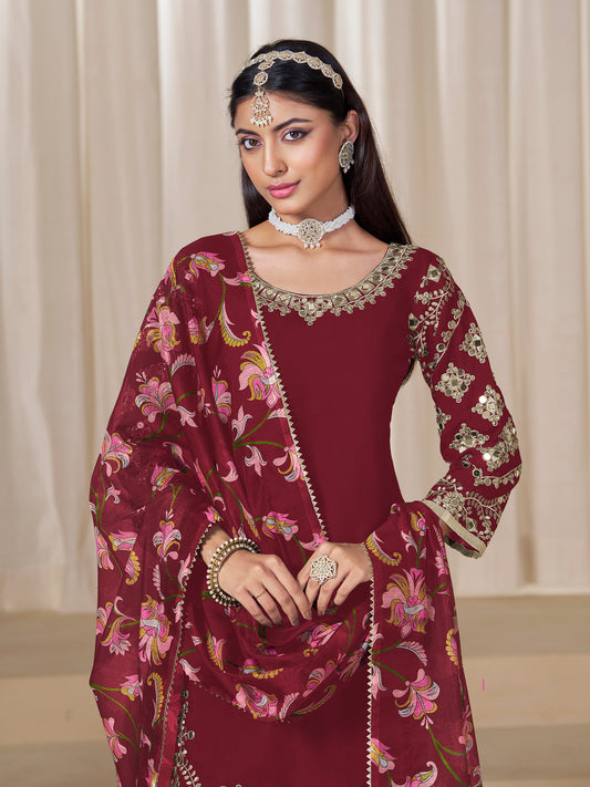 Maroon Embroidered Chanderi Silk Designer Patiala Salwar Suit