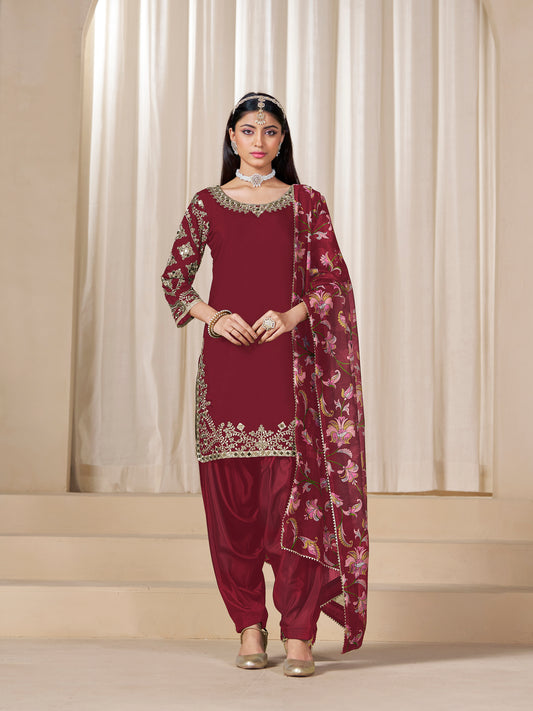 Maroon Embroidered Chanderi Silk Designer Patiala Salwar Suit