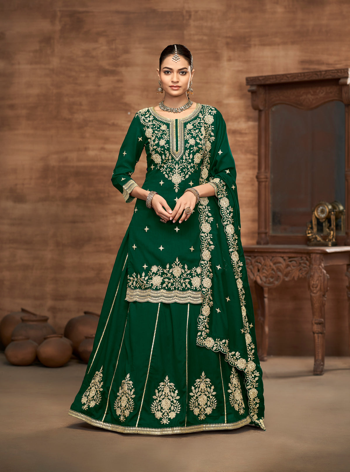 Vichitra Silk Embroidered Dark Green Readymade Lehenga Style Suit