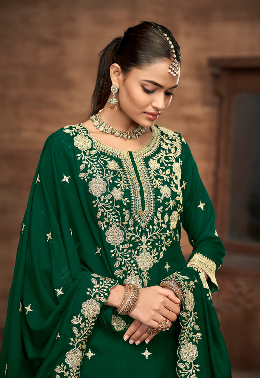 Vichitra Silk Embroidered Dark Green Readymade Lehenga Style Suit