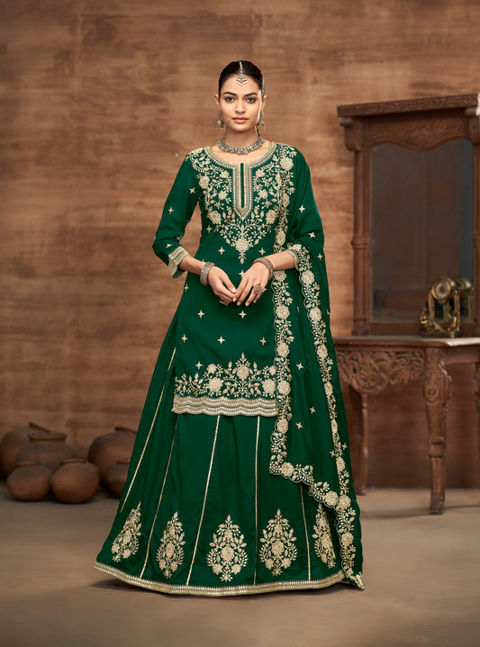 Vichitra Silk Embroidered Dark Green Readymade Lehenga Style Suit