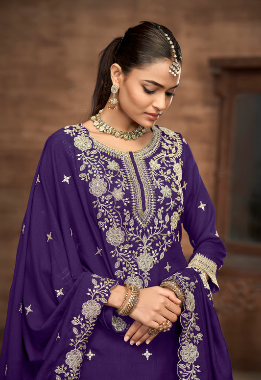 Vichitra Silk Embroidered Purple Readymade Lehenga Style Suit