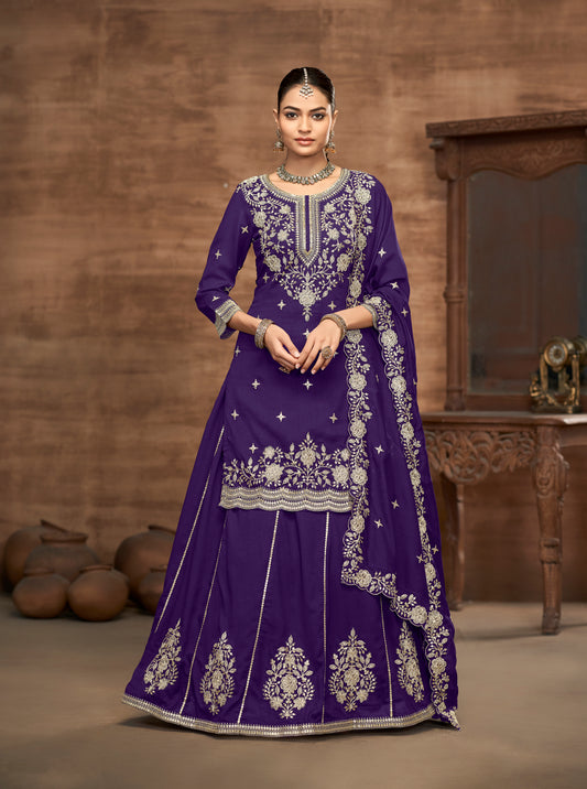 Vichitra Silk Embroidered Purple Readymade Lehenga Style Suit