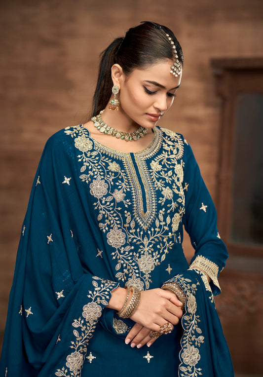 Vichitra Silk Embroidered Teal Readymade Lehenga Style Suit