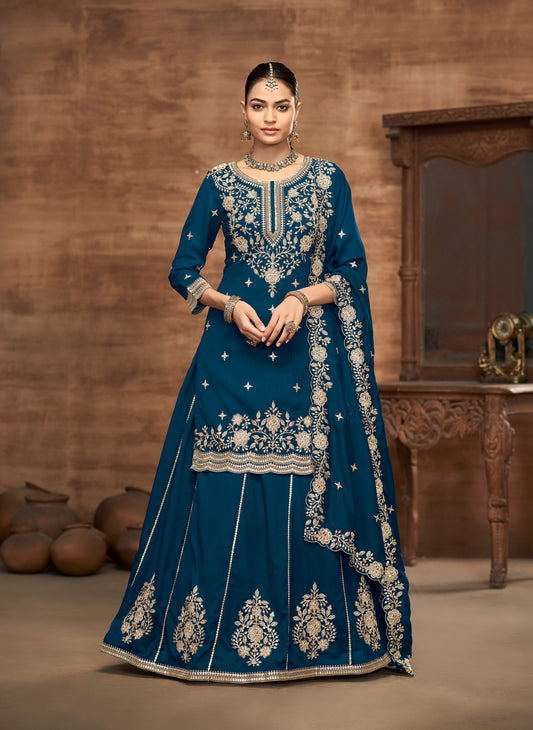 Vichitra Silk Embroidered Teal Readymade Lehenga Style Suit