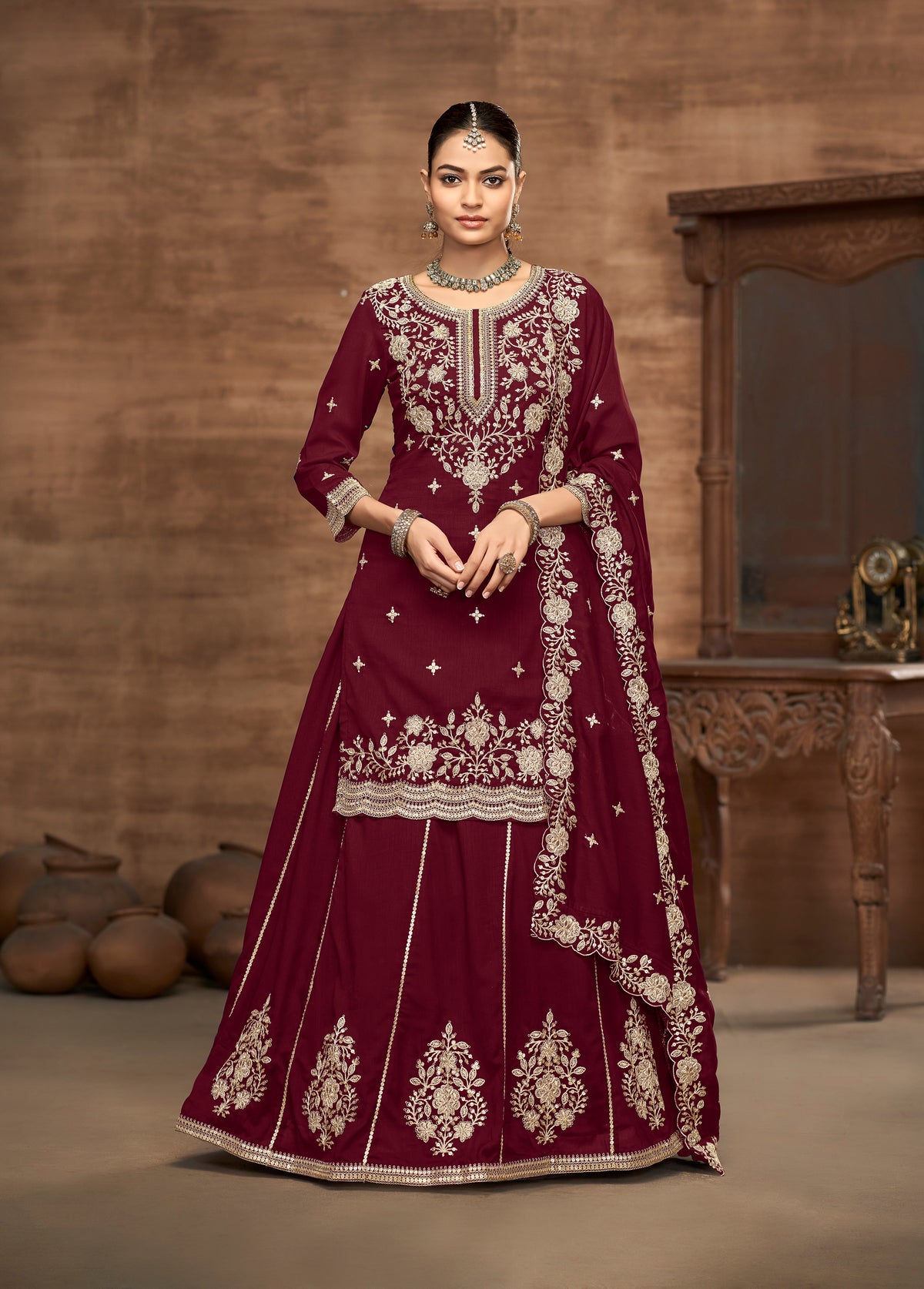 Vichitra Silk Embroidered Maroon Readymade Lehenga Style Suit