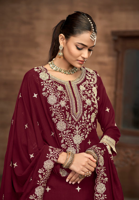 Vichitra Silk Embroidered Maroon Readymade Lehenga Style Suit